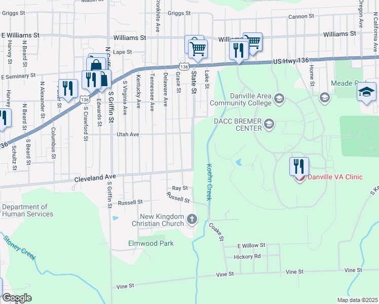 map of restaurants, bars, coffee shops, grocery stores, and more near 230 State Street in Danville