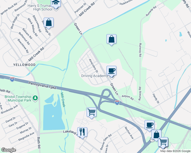 map of restaurants, bars, coffee shops, grocery stores, and more near 2214 Airacobra Street in Levittown