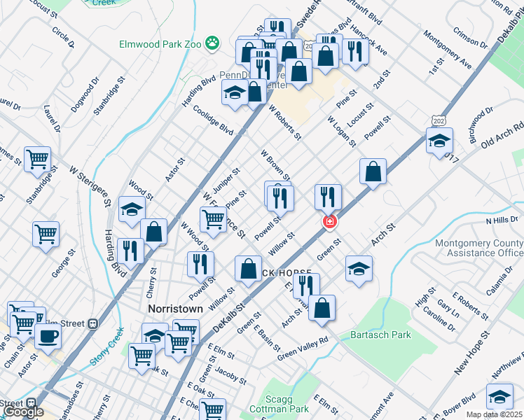 map of restaurants, bars, coffee shops, grocery stores, and more near 26 West Freedley Street in Norristown