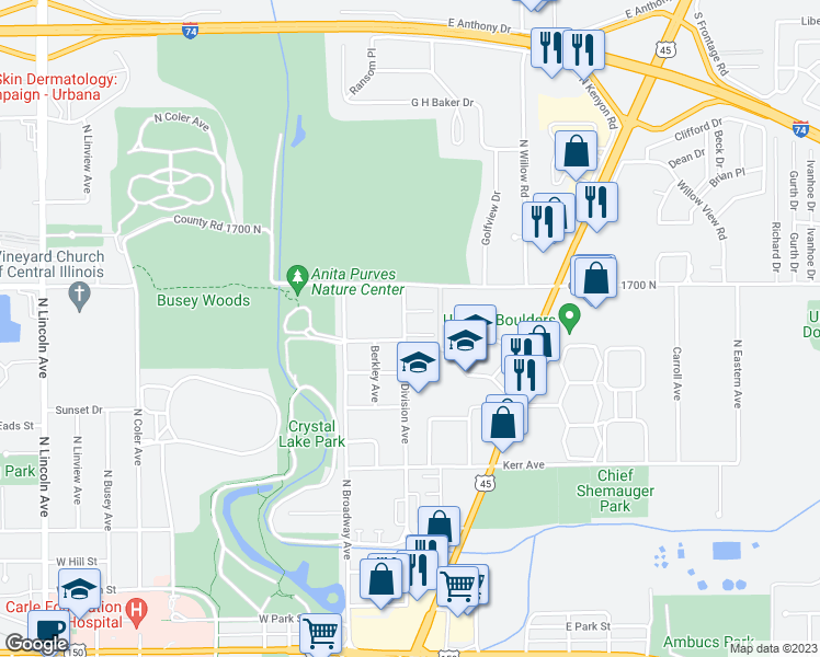 map of restaurants, bars, coffee shops, grocery stores, and more near 1400 Division Avenue in Urbana