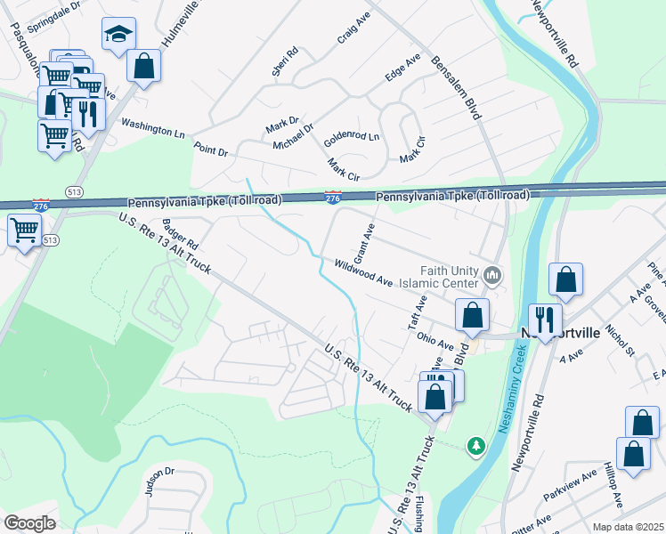 map of restaurants, bars, coffee shops, grocery stores, and more near 1334 Wildwood Avenue in Bensalem
