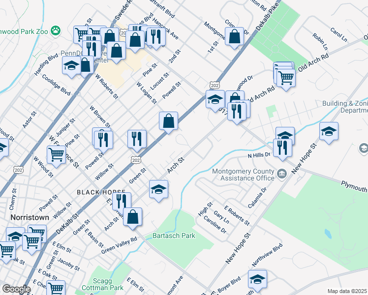 map of restaurants, bars, coffee shops, grocery stores, and more near 284 Honey Lane in Norristown
