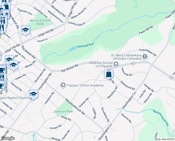 map of restaurants, bars, coffee shops, grocery stores, and more near 1664 Old Welsh Road in Montgomery County