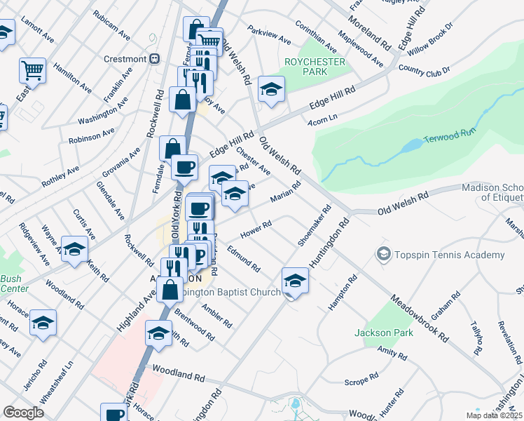 map of restaurants, bars, coffee shops, grocery stores, and more near 1551 Marian Road in Abington