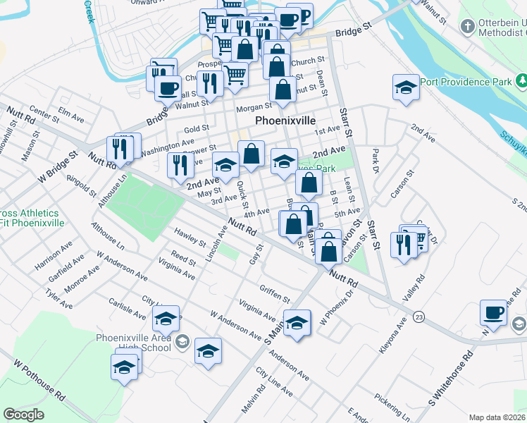 map of restaurants, bars, coffee shops, grocery stores, and more near 275 4th Avenue in Phoenixville