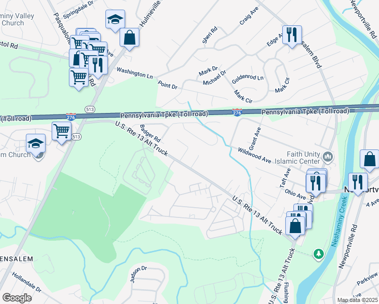 map of restaurants, bars, coffee shops, grocery stores, and more near 1625 Briarwood Drive in Bensalem