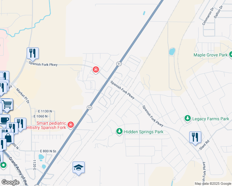 map of restaurants, bars, coffee shops, grocery stores, and more near 1282 Lily Pad Drive in Spanish Fork