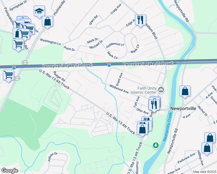 map of restaurants, bars, coffee shops, grocery stores, and more near 1334 Wildwood Avenue in Bensalem