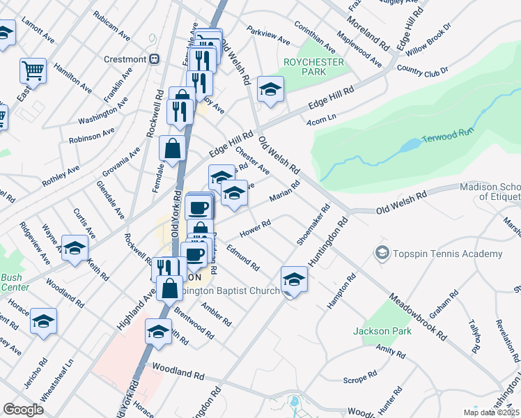 map of restaurants, bars, coffee shops, grocery stores, and more near 1551 Marian Road in Abington