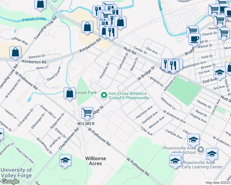 map of restaurants, bars, coffee shops, grocery stores, and more near 1015 West Bridge Street in Phoenixville