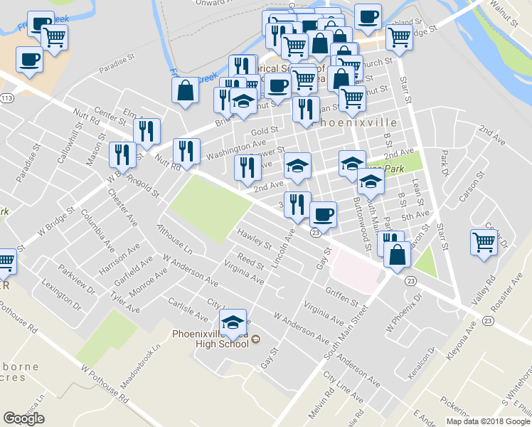 map of restaurants, bars, coffee shops, grocery stores, and more near 346 Nutt Road in Phoenixville