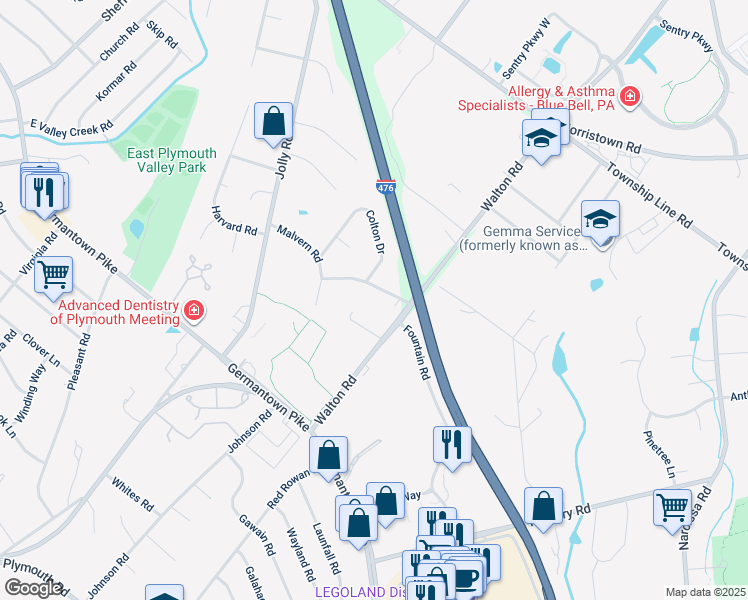 map of restaurants, bars, coffee shops, grocery stores, and more near 18 Allandale Road in Plymouth Meeting