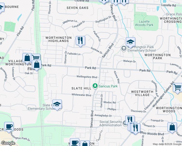 map of restaurants, bars, coffee shops, grocery stores, and more near 7896 Barkwood Drive in Columbus