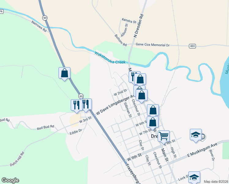 map of restaurants, bars, coffee shops, grocery stores, and more near 22 West 1st Street in Dresden