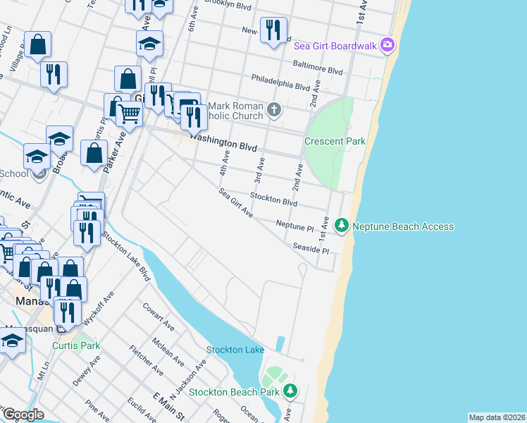 map of restaurants, bars, coffee shops, grocery stores, and more near 218 Stockton Boulevard in Sea Girt