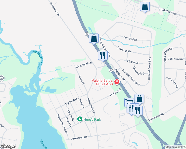 map of restaurants, bars, coffee shops, grocery stores, and more near 2387 Ramshorn Drive in Manasquan