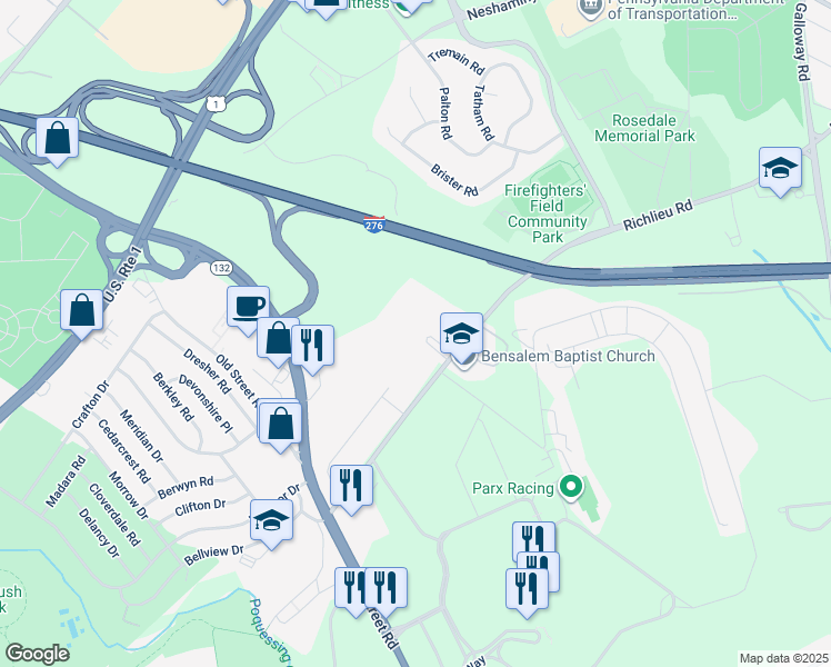 map of restaurants, bars, coffee shops, grocery stores, and more near 3338 Richlieu Road in Bensalem