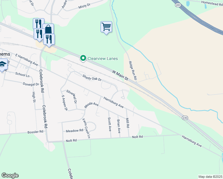 map of restaurants, bars, coffee shops, grocery stores, and more near 1939 Shady Oak Drive in Mount Joy
