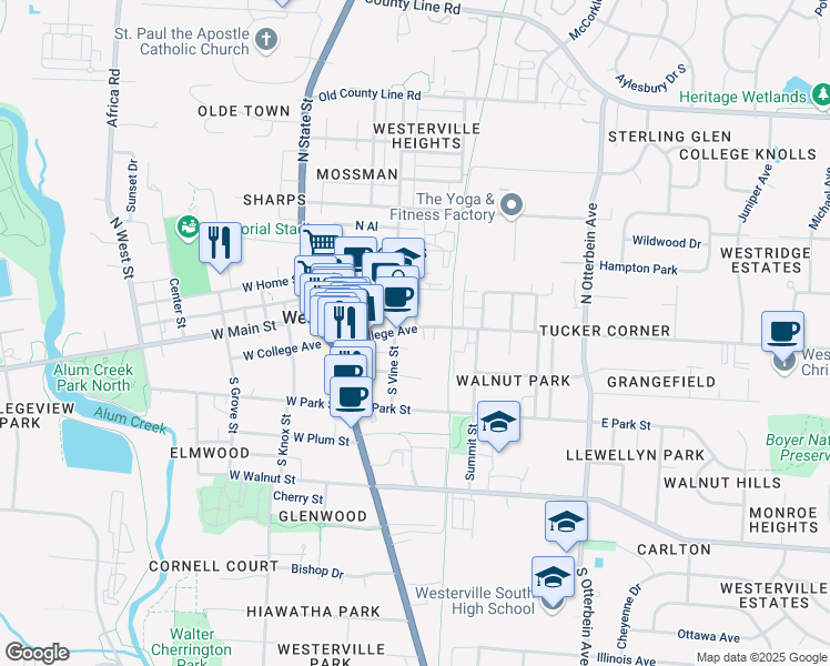 map of restaurants, bars, coffee shops, grocery stores, and more near 14 North Vine Street in Westerville