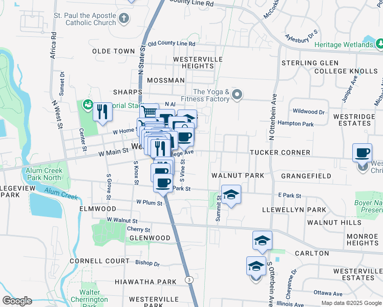 map of restaurants, bars, coffee shops, grocery stores, and more near 14 North Vine Street in Westerville