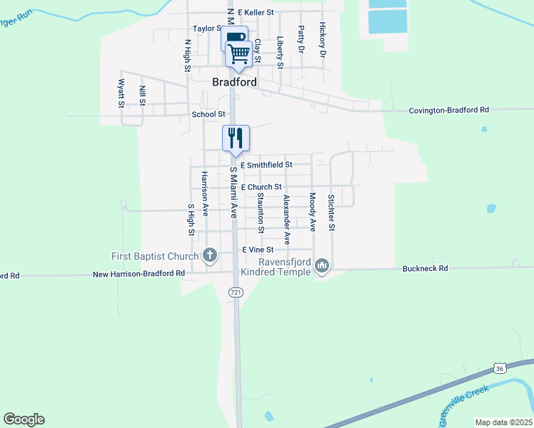 map of restaurants, bars, coffee shops, grocery stores, and more near 204 East James Street in Bradford