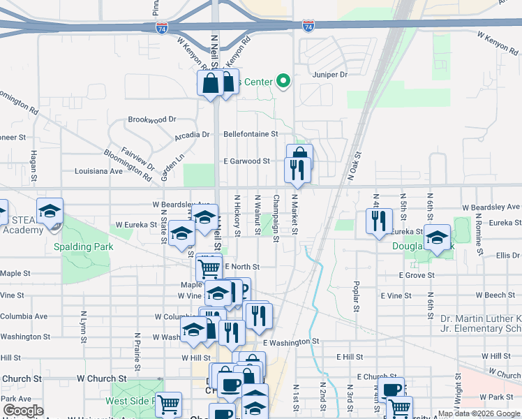 map of restaurants, bars, coffee shops, grocery stores, and more near 1106 North Walnut Street in Champaign