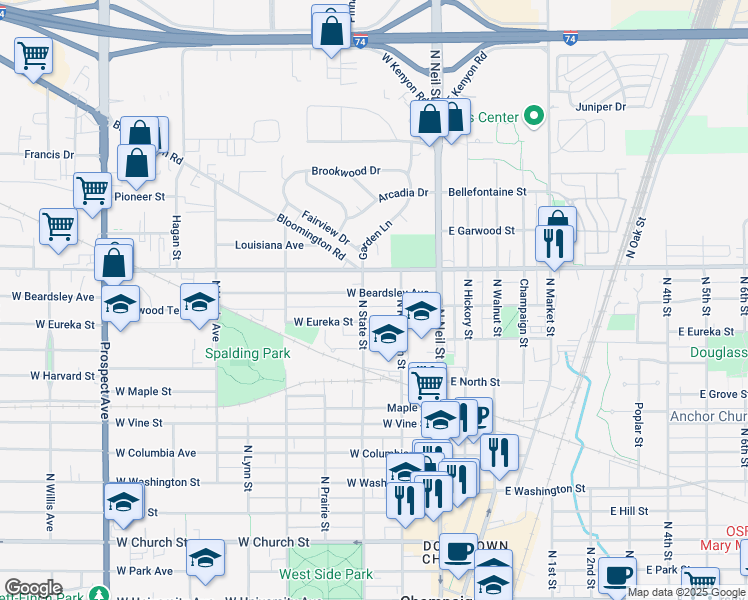 map of restaurants, bars, coffee shops, grocery stores, and more near 212 West Beardsley Avenue in Champaign