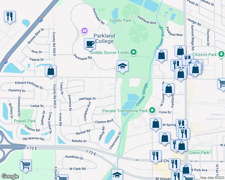 map of restaurants, bars, coffee shops, grocery stores, and more near 2459 Clayton Boulevard in Champaign
