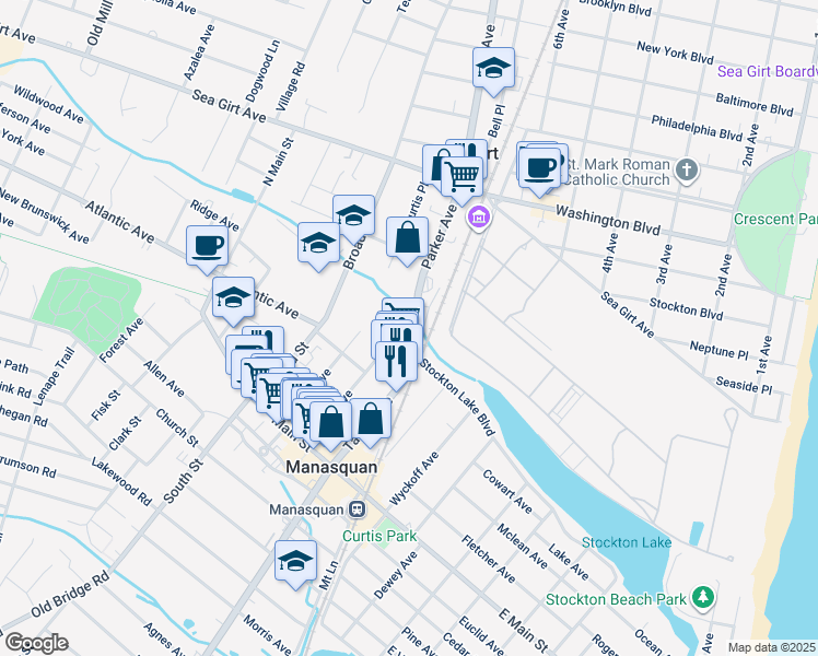 map of restaurants, bars, coffee shops, grocery stores, and more near 145 Parker Avenue in Manasquan
