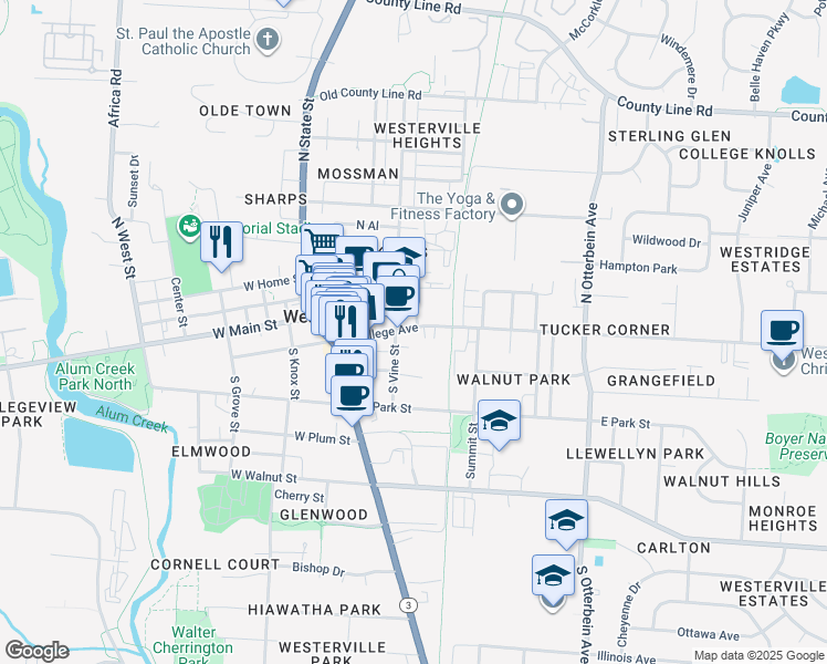 map of restaurants, bars, coffee shops, grocery stores, and more near 87 East College Avenue in Westerville
