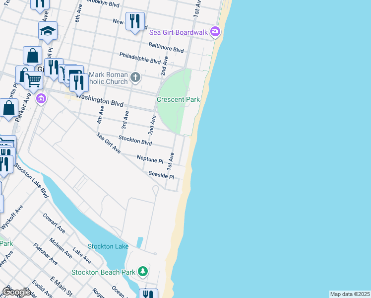 map of restaurants, bars, coffee shops, grocery stores, and more near 806 1st Avenue in Sea Girt