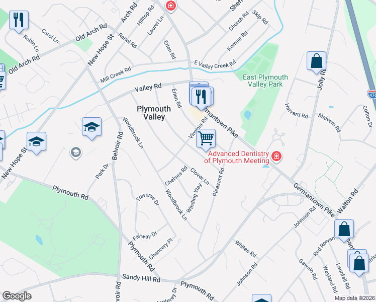 map of restaurants, bars, coffee shops, grocery stores, and more near 800 Renel Road in Plymouth Meeting