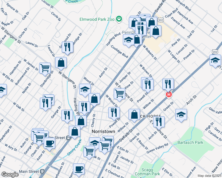 map of restaurants, bars, coffee shops, grocery stores, and more near 1326 Markley Street in Norristown
