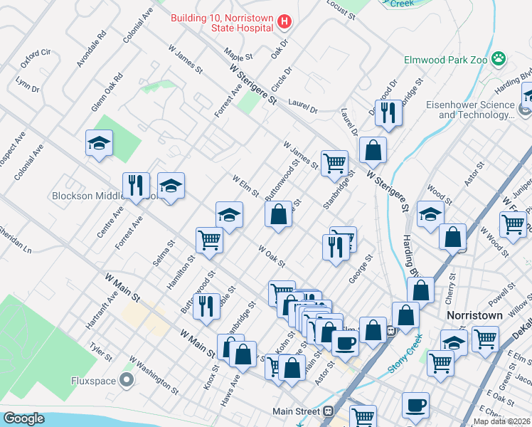 map of restaurants, bars, coffee shops, grocery stores, and more near 742 Buttonwood Street in Norristown