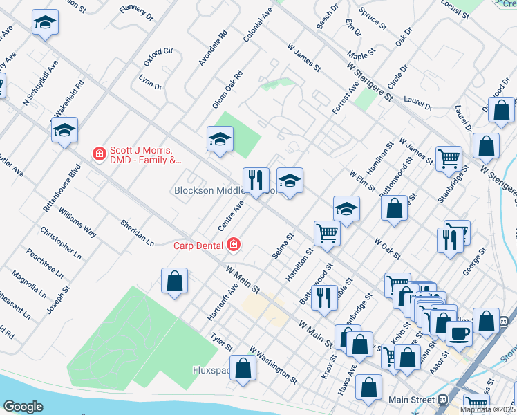map of restaurants, bars, coffee shops, grocery stores, and more near 963 West Marshall Street in Norristown