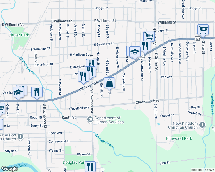 map of restaurants, bars, coffee shops, grocery stores, and more near 1-31 S Beard St in Danville