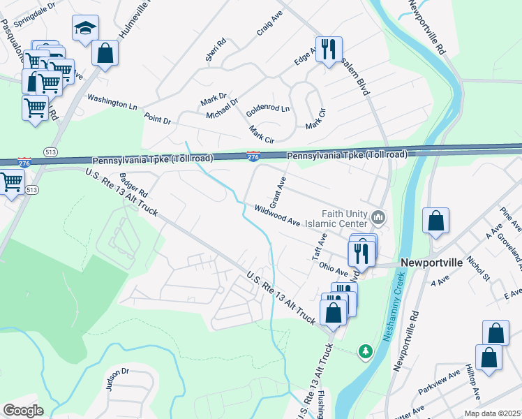 map of restaurants, bars, coffee shops, grocery stores, and more near 1334 Wildwood Avenue in Bensalem
