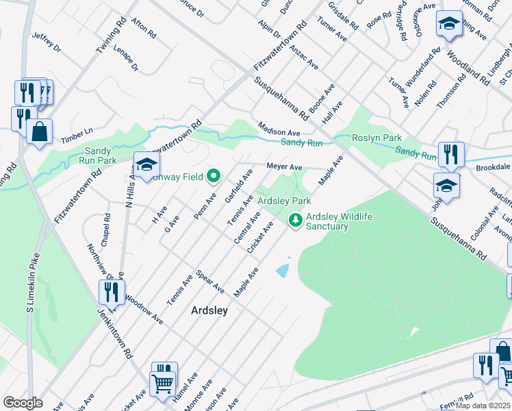 map of restaurants, bars, coffee shops, grocery stores, and more near 2908 Jefferson Avenue in Glenside