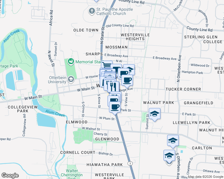 map of restaurants, bars, coffee shops, grocery stores, and more near in Westerville