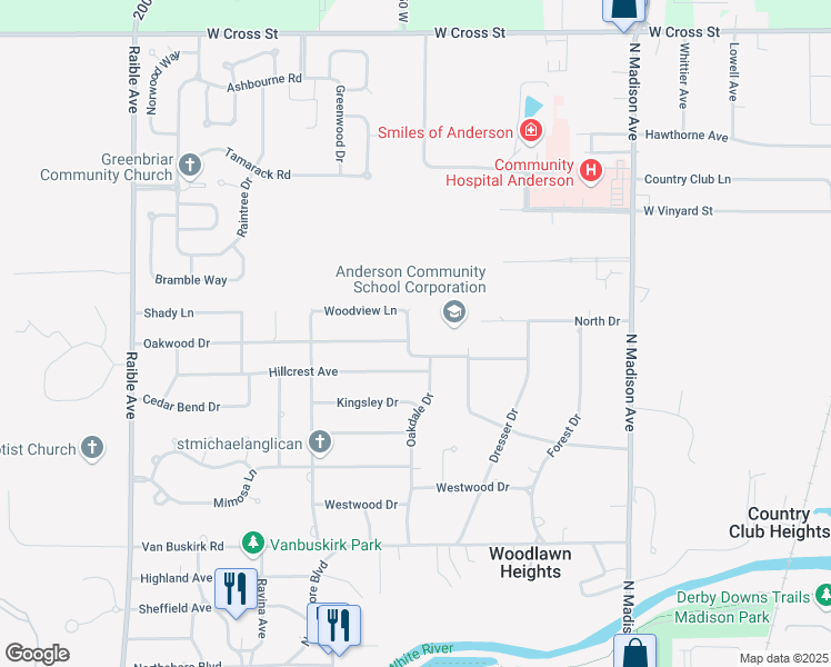 map of restaurants, bars, coffee shops, grocery stores, and more near 1106 Oakdale Drive in Anderson
