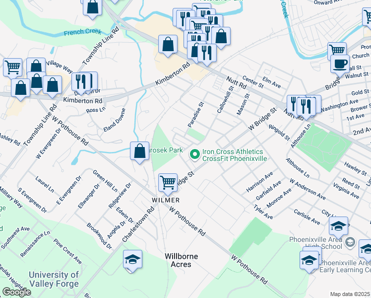 map of restaurants, bars, coffee shops, grocery stores, and more near 1186 Callowhill Street in Phoenixville