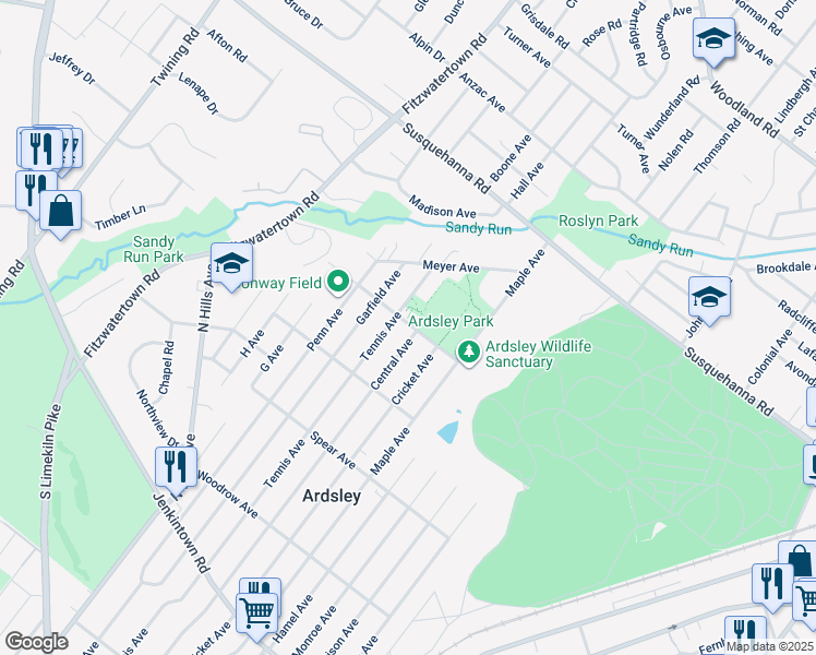 map of restaurants, bars, coffee shops, grocery stores, and more near 2908 Jefferson Avenue in Glenside