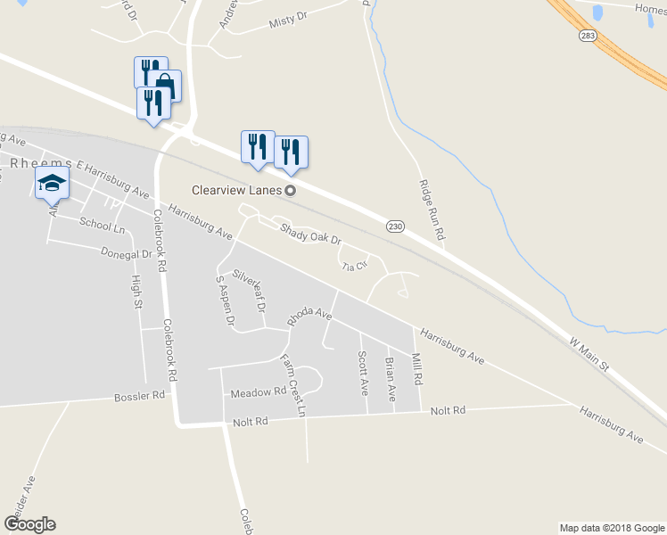 map of restaurants, bars, coffee shops, grocery stores, and more near 60 Tia Circle in Mount Joy