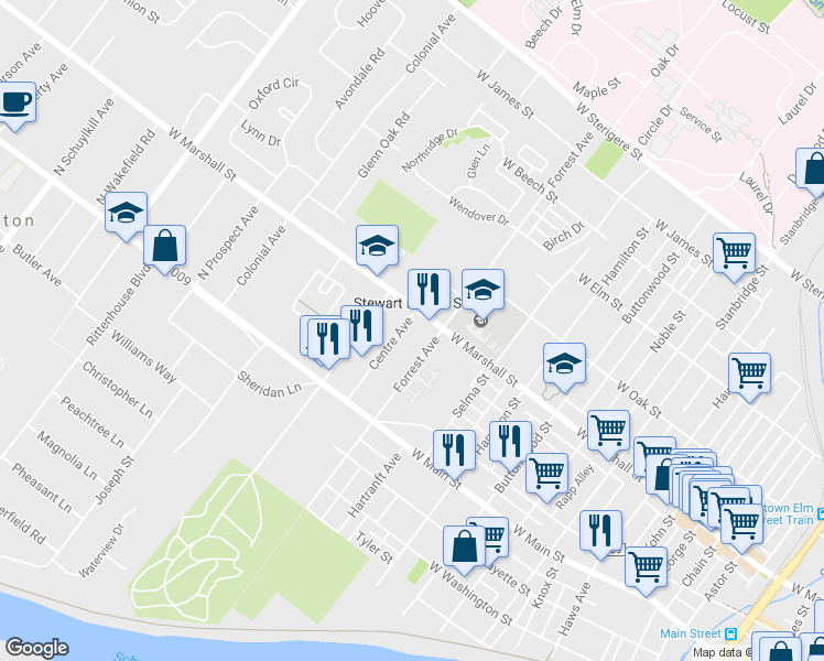 map of restaurants, bars, coffee shops, grocery stores, and more near 94 Centre Ave in Eagleville