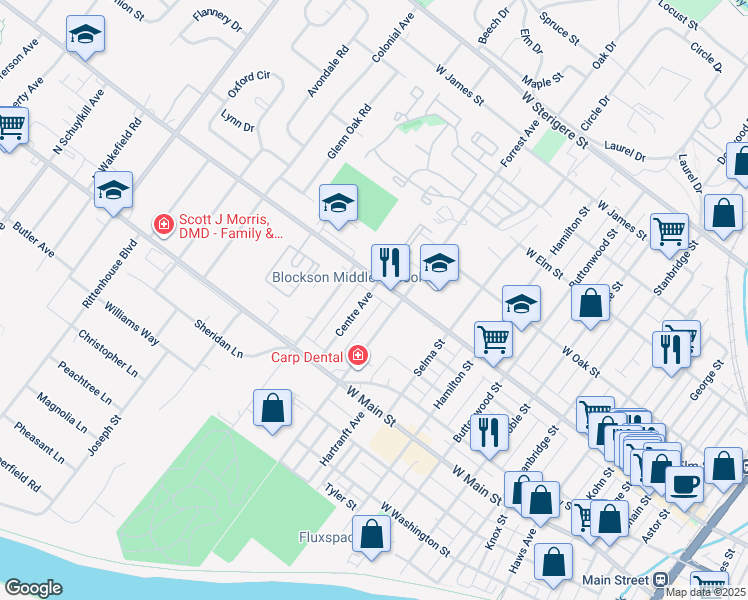 map of restaurants, bars, coffee shops, grocery stores, and more near 94 Centre Avenue in Eagleville