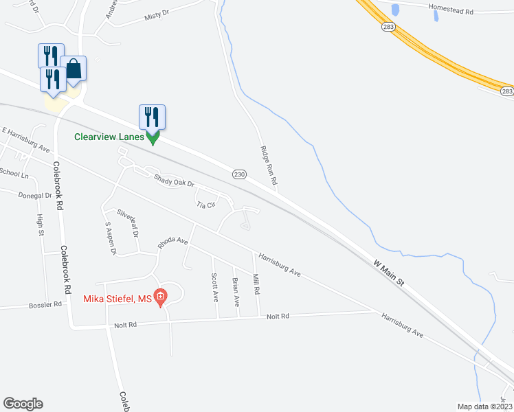 map of restaurants, bars, coffee shops, grocery stores, and more near 1817 Bradfield Drive in Mount Joy