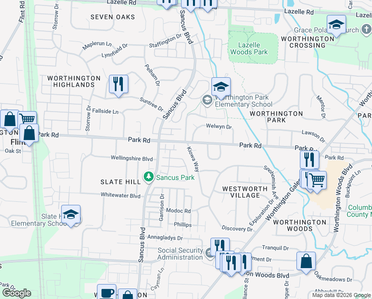 map of restaurants, bars, coffee shops, grocery stores, and more near 7885 Kiowa Way in Worthington