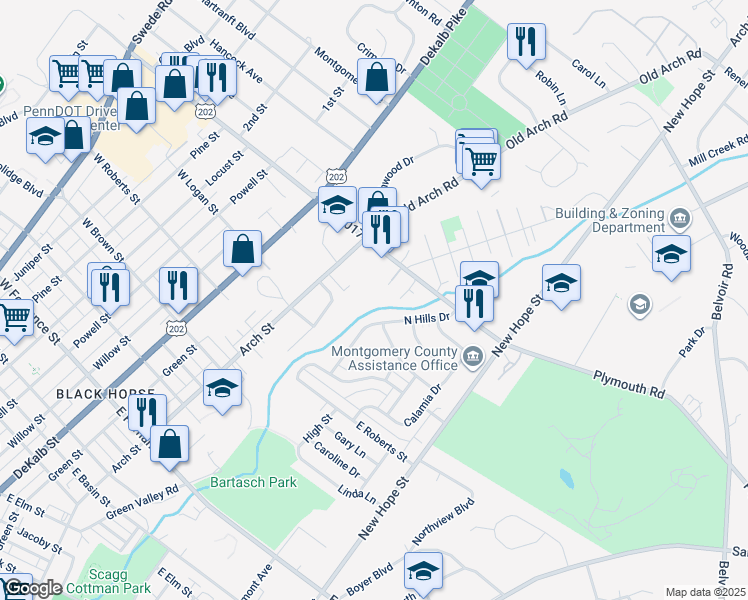 map of restaurants, bars, coffee shops, grocery stores, and more near 37 Zummo Way in Norristown