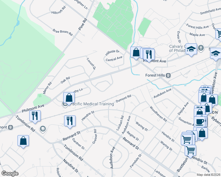 map of restaurants, bars, coffee shops, grocery stores, and more near 3354 Woodland Circle in Montgomery County
