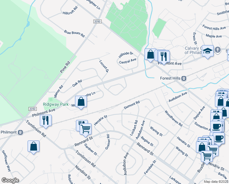 map of restaurants, bars, coffee shops, grocery stores, and more near 3354 Woodland Circle in Montgomery County